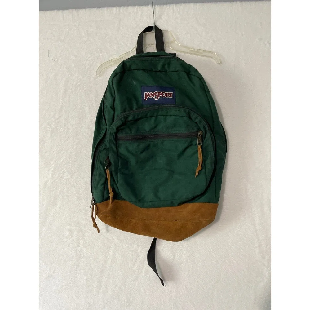 JanSport Right Pack Backpack Hunter Green Suede Leather Bottom Canvas Mens Bag